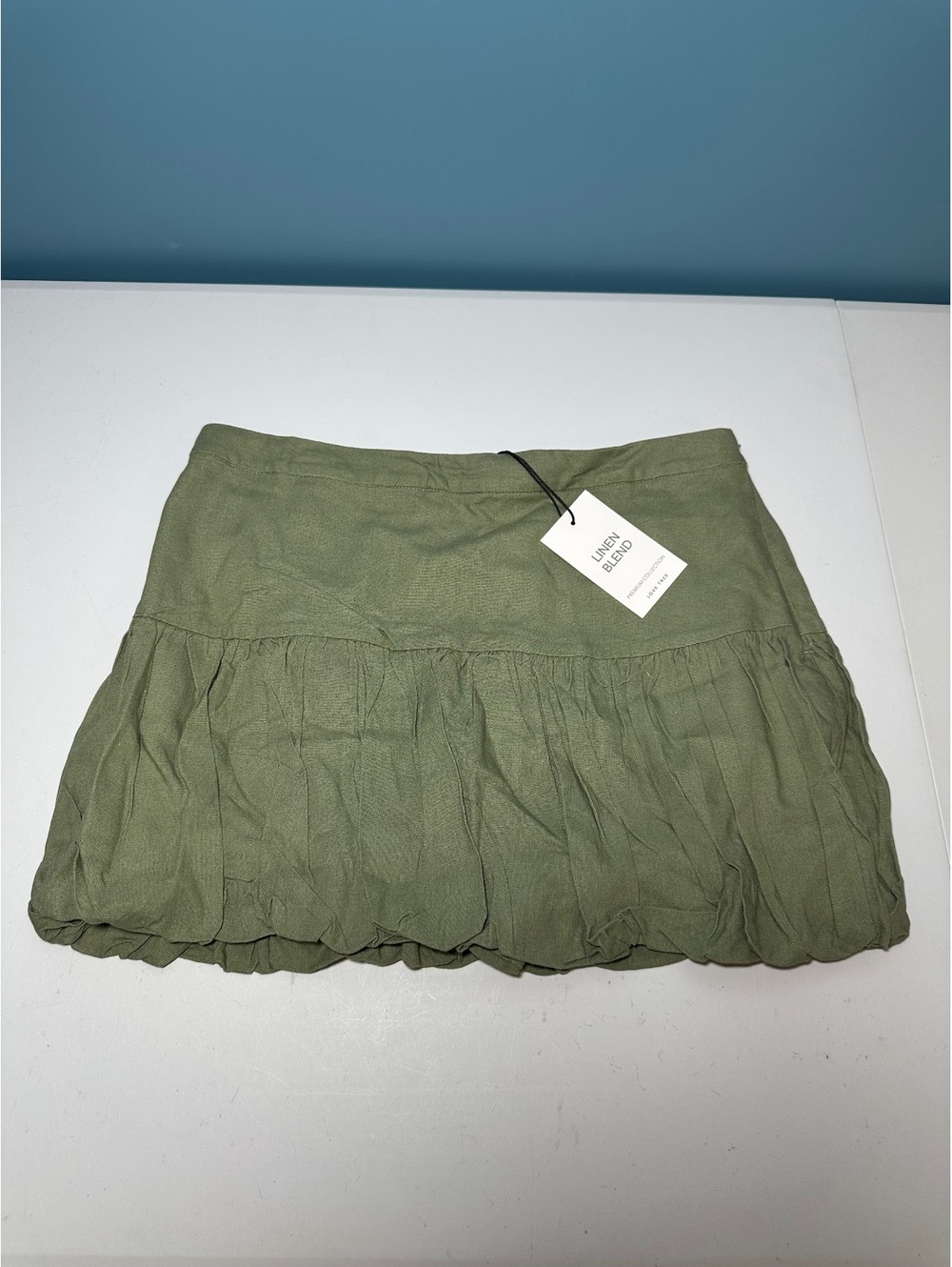 Love Tree Olive Green Linen Blend Mini Skirt, Size Large